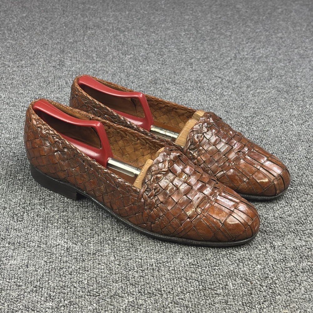 Moreschi Woven Leather Loafers Mens 10 Brown Handmade Italy Basket Weave Slip On